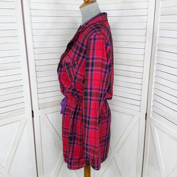 Victoria’s Secret Plaid Flannel Cinch Waist Sleep Nightshirt Red Pink Medium - Picture 2 of 13